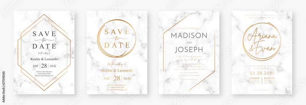 Wedding card design with golden frames and marble texture. Set of wedding announcement or invitation design template with geometric patterns and luxury background - obrazy, fototapety, plakaty 