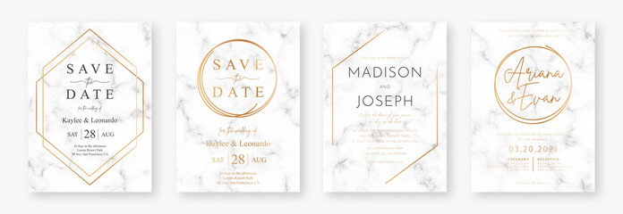 wedding card design with golden frames and marble texture. set of wedding announcement or invitation
