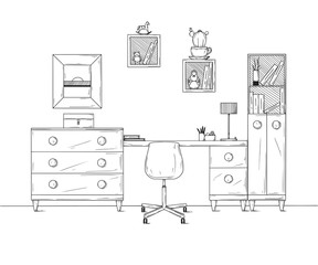 Fototapete - Sketch the room. Office chair, desk, various objects on the table. Sketch workspace. Vector