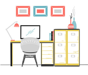 Fototapete - Interior in Scandinavian style. Workplace with a computer. Sketch of the interior. Vector