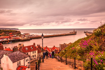 Poster - View of Whitby port and city from cliff.