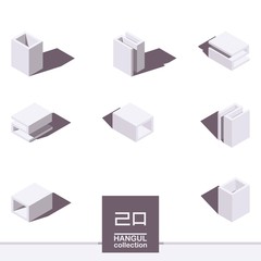 Poster - Vector isometric collection with hangul elements. Letters M and L or R of korean alphabet in shades of white color. Various foreshortening and top views