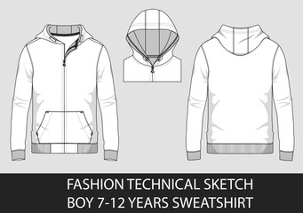fashion technical sketch for boy 7-12 years sweatshirt with hood