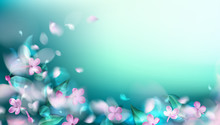 Green Mystery Spring Background With Magic Purple Blurred Flower Petals And Leaves Vector Illustration