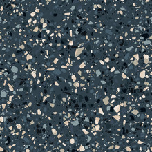 Dark Terrazzo Flooring Seamless Texture. Realistic Vector Pattern Of Mosaic Floor With Natural Stones, Granite, Marble, Quartz. Classic Italian Flooring Surface With Blue, Green, Black, Golden Chips