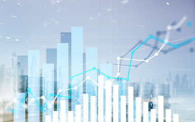 Graph on rows of coins for banking, finance on digital stock market financial exchange and trading graph.