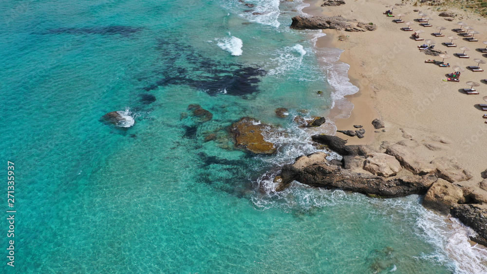 Aerial drone top view photo of famous paradise sandy deep turquoise beach of Falasarna in North West Crete island, Greece