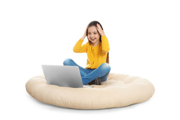 Poster - Little girl using video chat on laptop, white background