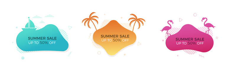 Aufkleber - Set of trendy colorful summer sale banners with thematic elements. Vector geometric template liquid and wavy shapes in different colors. Modern abstract tropical and seasonal banner designs