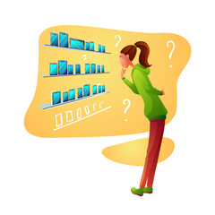 Girl in  electronics shop flat vector illustration