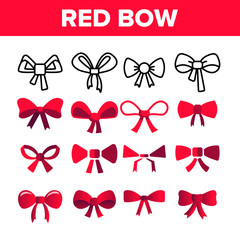 Sticker - Red Bow And Ribbon Vector Color Icons Set. Decorative Bow, Female Hair and Clothes Accessories Linear Symbols Pack. Presents And Festive Gifts Packaging Decor Isolated Flat Illustrations