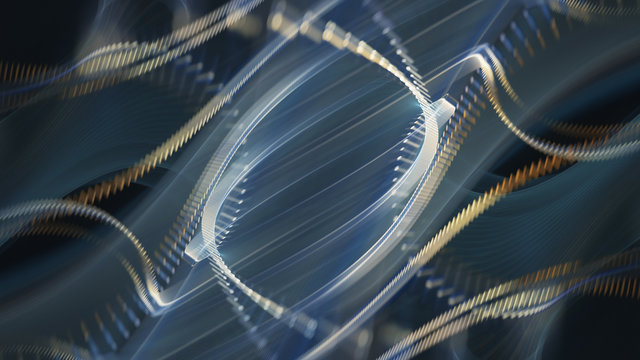 Abstract generative art background. 3d illustration. Fractal graphics composition of dots, waves and rays of light. Science and digital technology concept.