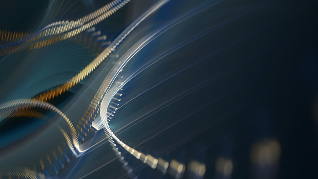 Abstract generative art background. 3d illustration. Fractal graphics composition of dots, waves and rays of light. Science and digital technology concept.