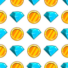 Seamless pattern with vector gemstone and coin