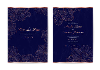 Luxury Wedding invite and Save the Date Card with Navy Blue Marble texture and gold floral line arts vector.