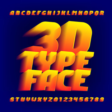 3D alphabet font. 3d effect letters and numbers on dark background. Stock vector typeface for your design.