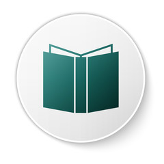 Green Open book icon isolated on white background. White circle button. Vector Illustration