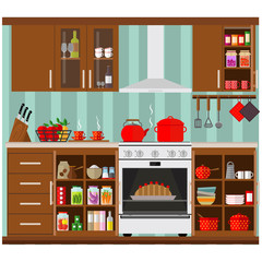 Kitchen interior. Set of kitchen furniture, dishes and products. Vector illustration.