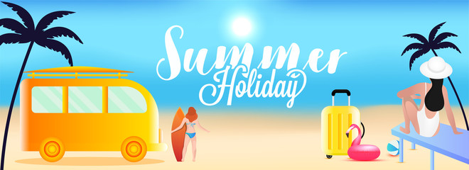 Canvas Print - Summer Holiday header or banner design with tourist bus and women in different pose on beach background.