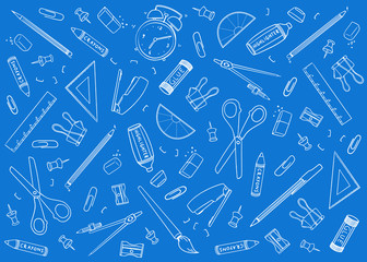 Blueprint of Stationary tools background, Vector illustration doodle on wide background. Hand drawn outline of stationary tools. For print, web, home decor, fashion, surface, graphic design