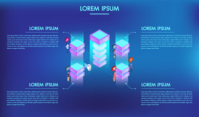 Concept of big data technology processing with 4 options or steps infographics server room and database.Social media icons with character design, blockchain isometric.