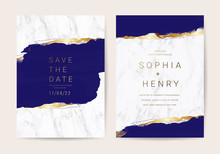 Wedding Invitation Cards With Indigo And Blue  Marble Texture Background And Gold Geometric  Line Design Vector.