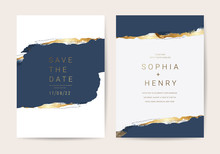 Wedding Invitation Cards With Luxury Gold And Indigo Navy Marble Texture Background And Abstract Ocean Style Vector Design Template