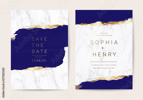 Cuadros en Lienzo Wedding invitation cards with indigo and blue marble texture background and gold geometric line design vector