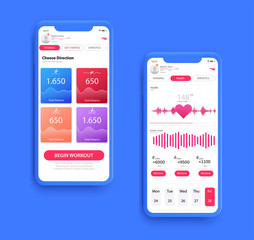 Poster - Different UI, UX, GUI screens fitnes app and flat web icons for mobile apps, Fitness application design. Mock up Mobile app. Vector template. 