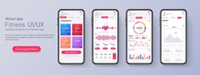 Different UI, UX, GUI Screens Fitness App And Flat Web Icons For Mobile Apps, Responsive Website Including. Web Design And Mobile Template. Fitness Interface Design For Mobile Application. Vector