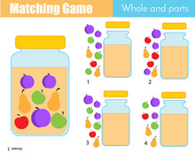 Matching Game. Educational Children Activity With Fruits. Learning Whole And Parts Type
