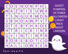 Educational Game For Children. Word Search Puzzle Kids Activity. Halloween Theme Learning Vocabulary.