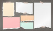 © flas100 - Ripped white and colorful note, notebook paper strips stuck wiht sticky tape on dark grey background. Vector illustration