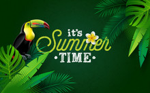It's Summer Time Illustration With Flower And Toucan Bird On Green Background. Vector Tropical Holiday Design With Exotic Palm Leaves And Phylodendron For Banner, Flyer, Invitation, Brochure, Poster