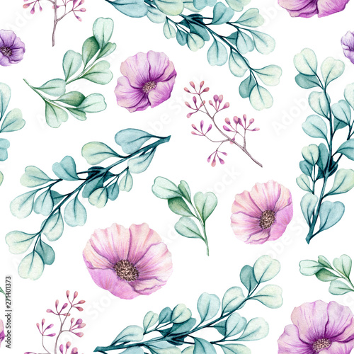Seamless Pattern of Watercolor Berries and Flowers