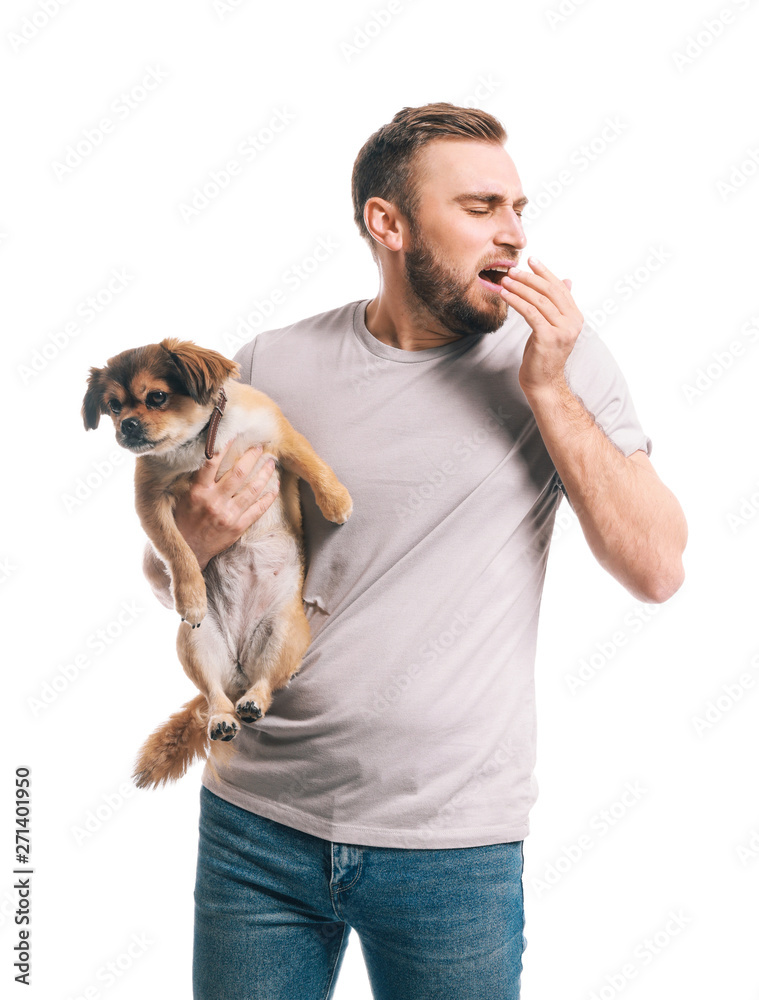 Man with dog on white background. Animal allergy concept