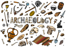 Set Of Archeology Tools, Science Equipment, Artifacts. Excavated Fossils And Ancient Bones. Hand Drawn Doodle Sketch Style. 