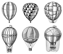 Set Of Hot Air Balloons. Vector Retro Flying Airships With Decorative Elements. Template Transport For Romantic Logo. Hand Drawn Engraved Vintage Sketch.