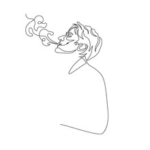 Continuous One Line Man Exhale Smoke Of Cigarette. Art