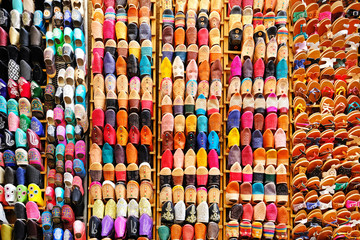 moroccan slippers at market, chefchaouen, morocco
