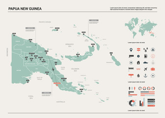  Vector map of Papua New Guinea. Country map with division, cities and capital Port Moresby. Political map,  world map, infographic elements.