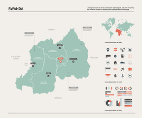  Vector map of Rwanda. Country map with division, cities and capital Kigali. Political map,  world map, infographic elements.