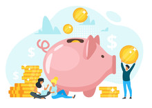 People Putting Savings In Piggy Bank Vector Illustration