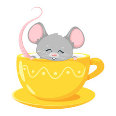 Canvas Print - Baby rat sitting in cup cartoon vector character