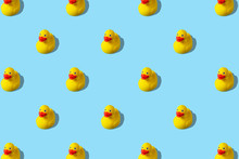 Trendy Summer Pattern With Yellow Rubber Duck On Bright Blue Background. Minimal Summer Concept.