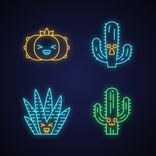 Cactuses Cute Kawaii Neon Light Characters