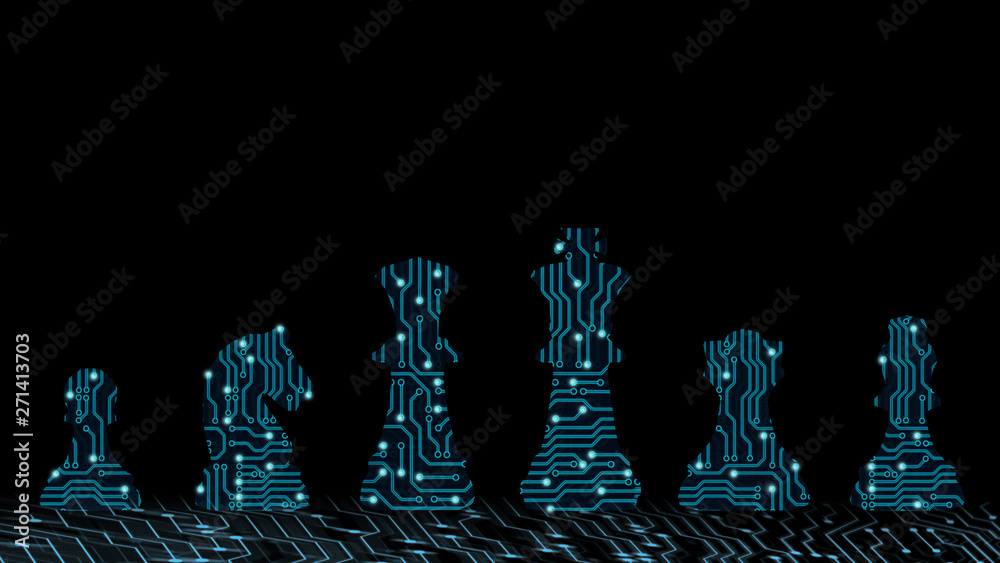 Abstract background of digital ai leadership strategy innovation planning. Plan for future business competition using blue chess set King , queen and horse to present business war game concept - obrazy, fototapety, plakaty 