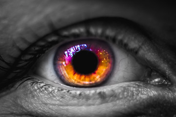 Macro eye photo with purple orange cornea