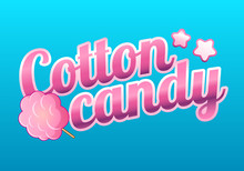 Colorful cotton candy shop logo, label or emblem in cartoon style. Concept for posters, banners, packing and packages, advertisement. Vector illustration
