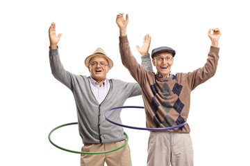 Poster - Two cheerful senior men spininng hula hoops